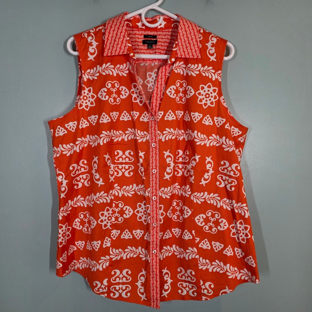 Talbots Womens Orange White Medallion Non-Iron Sleeveless Button Up Blouse 16